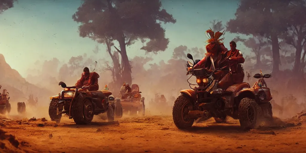 Image similar to indian on wooden native atv attacking bufallos, action scene, an epic fantasy, dramatic lighting, cinematic, establishing shot, extremely high detail, photorealistic, cinematic lighting, artstation, octane render, by simon stalenhag, horizon forbidden west and western