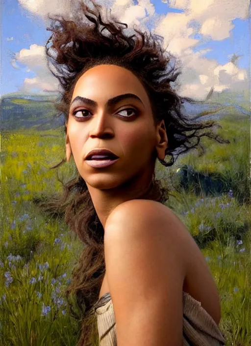 Image similar to portrait of Beyonce practicing wild magic, countryside, calm, fantasy character portrait, dynamic pose, above view, sunny day, thunder clouds in the sky, artwork by Jeremy Lipkin and Giuseppe Dangelico Pino and Michael Garmash and Rob Rey, very coherent asymmetrical artwork, sharp edges, perfect face, simple form, 100mm