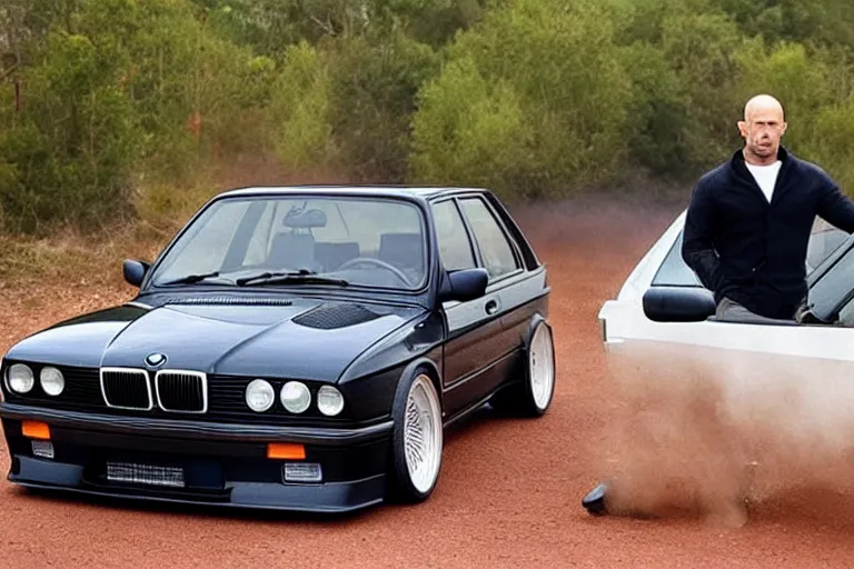 Image similar to Angry Jason Statham picks up BMW e30