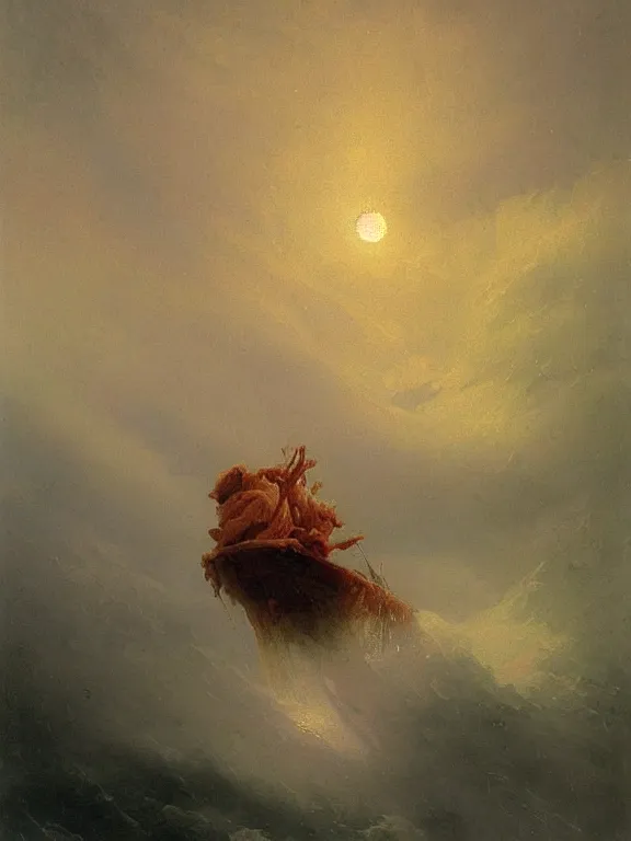 Image similar to painting by ivan aivazovsky of a flying sorrowful looking human head with tears running down it's eyes, face that is chalk white in color, with long sprawling white tentacles stemming down it's neck, fiery scorching red eyes, flying in a terrying hellish dark cavernous place