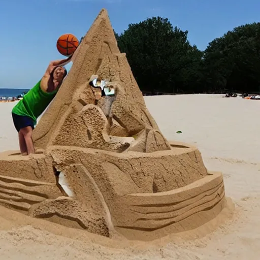 Image similar to sand sculpture of basketball player dunking into net