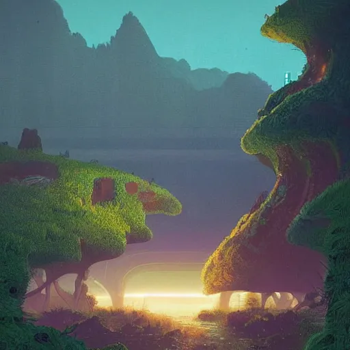 Image similar to beautiful digital artwork of a lush natural scene on an alien planet by simon stalenhag. extremely detailed. science fiction. interesting color scheme. beautiful landscape. weird vegetation. cliffs and water.
