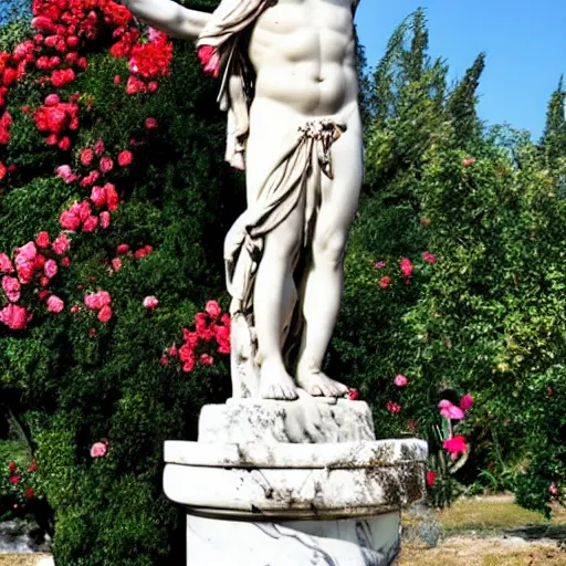 Prompt: greek statue covered in roses, roses on statue, marble statue