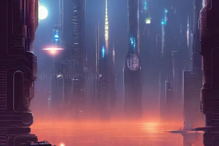 Prompt: a scifi illustration, Night City on Coruscant by robert hubert