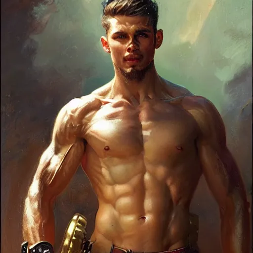 Image similar to handsome portrait of a young guy fitness posing, war hero, flexing abs, radiant light, caustics, by gaston bussiere, bayard wu, greg rutkowski, giger, maxim verehin