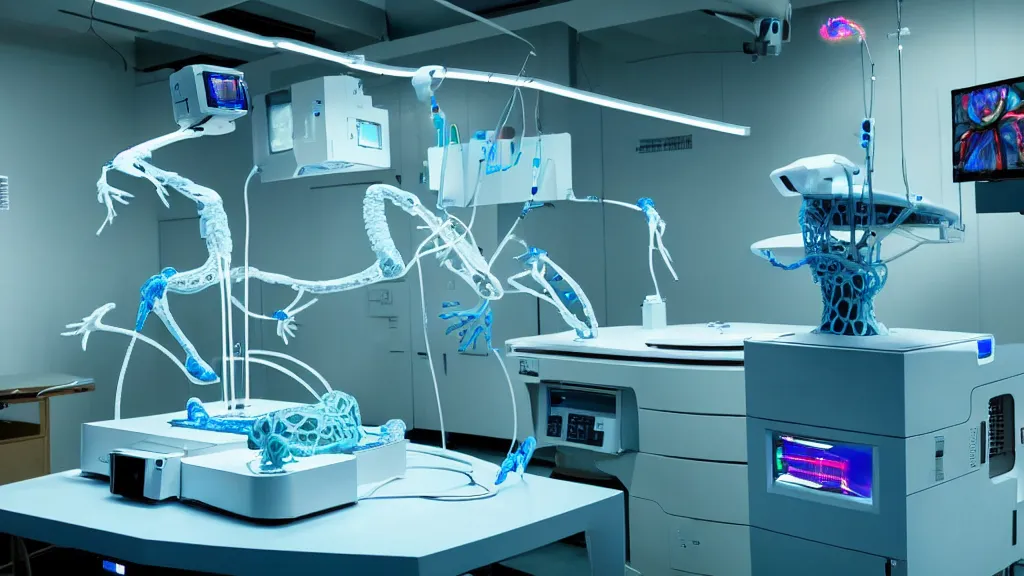 Image similar to a complex bifurcated surgical arm hybrid mri 3 d printer machine making colorful mutant forms with control panels in the laboratory inspection room, film still from the movie directed by denis villeneuve with art direction by salvador dali, wide lens