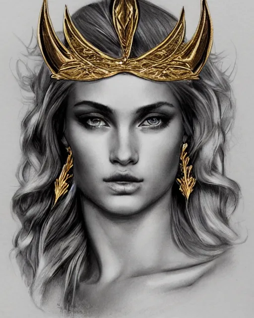 Image similar to tattoo design sketch of cute beautiful blonde super model as aphrodite greek goddess wearing a gold laurel wreath and triangle earrings, beautiful piercing gaze with sharp pupils, in the style of greg rutkowski, fantasy, amazing detail, epic, elegant, smooth, sharp focus, front view