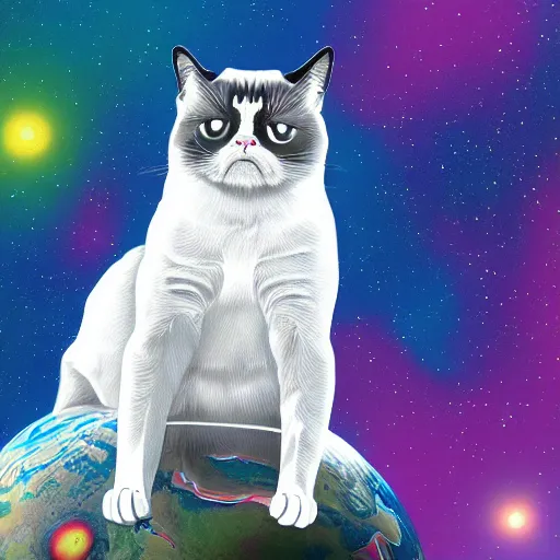 Image similar to A grumpy cat. Sitting on planet earth. In space, digital art