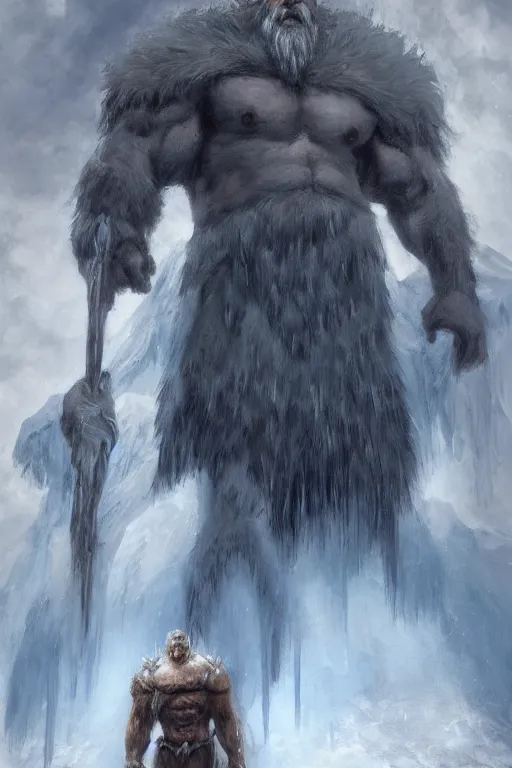 Image similar to north mythology concept art portrait painting of ice gigant ymir the ancestor of all giants by james gurney, trending on artstation, detailed