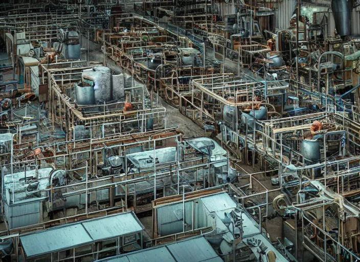 Prompt: Tilt shift photograph of a busy snake oil factory