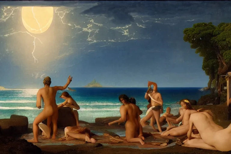 Image similar to The beach arch, refracted moon on the ocean, thunderstorm, greek pool, beach and Tropical vegetation on the background major arcana sky and occult symbols, by paul delaroche, hyperrealistic 4k uhd, award-winning, very detailed paradise