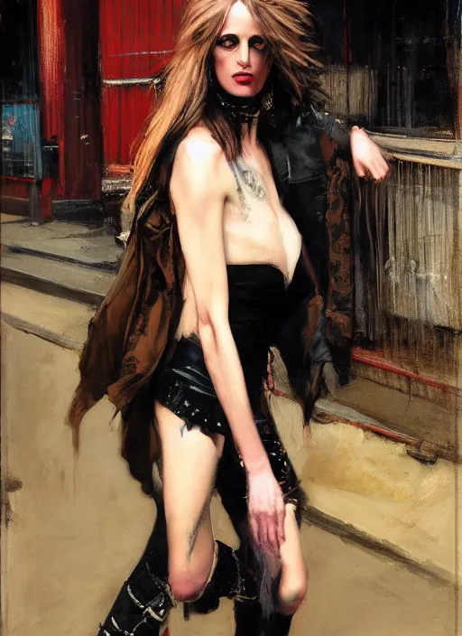 Prompt: androgynous glam rocker outside cbgb in the style of phil hale, sfumato Orientalist portrait by john william waterhouse and James Gurney and Theodore Ralli and Nasreddine Dinet, oil on canvas. Cinematic, hyper realism, realistic proportions, dramatic lighting, high detail 4k