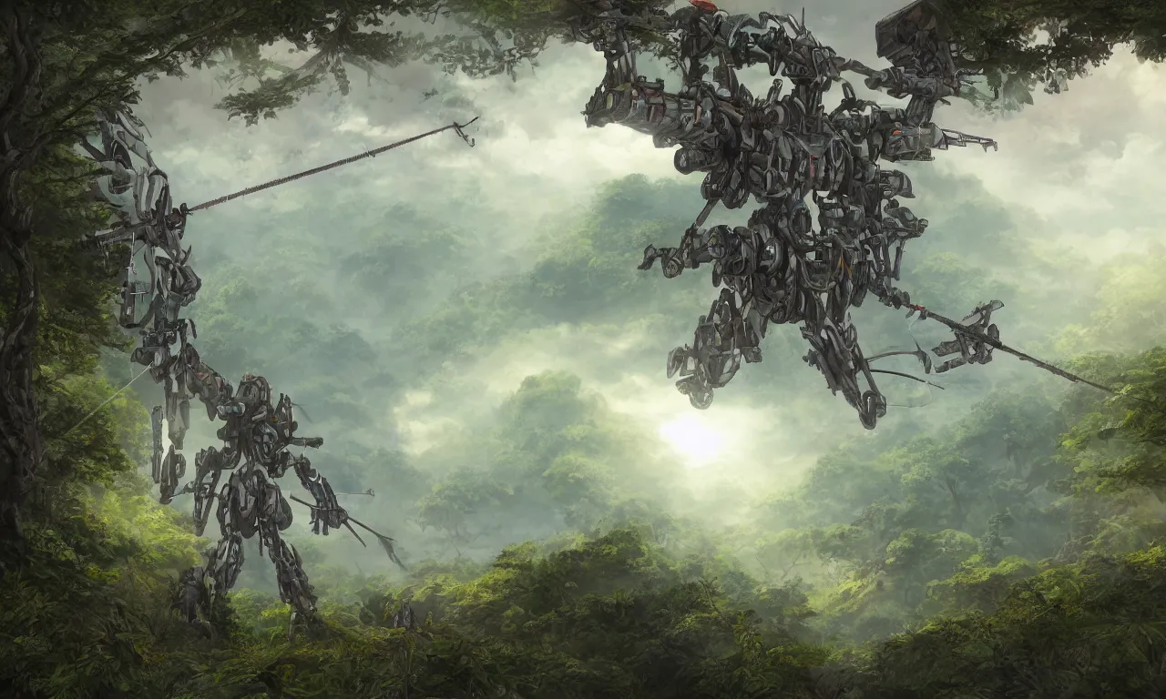 Prompt: A detailed matte painting of a mecha archer in the jungle, by Carne Griffths, Brian Despain, artstation