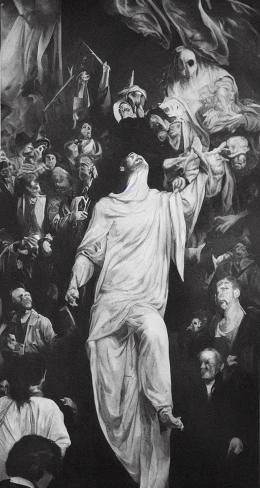 Image similar to ghost emerging from a politician, american flag, jesus christ crying in the background, lomo