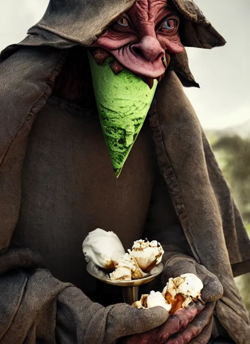 Image similar to closeup portrait of a medieval goblin eating icecream, depth of field, zeiss lens, detailed, symmetrical, centered, fashion photoshoot, by Annie Leibovitz and Steve McCurry, David Lazar, Jimmy Nelsson, Breathtaking, 8k resolution, extremely detailed, beautiful, establishing shot, artistic, hyperrealistic, beautiful face, octane render