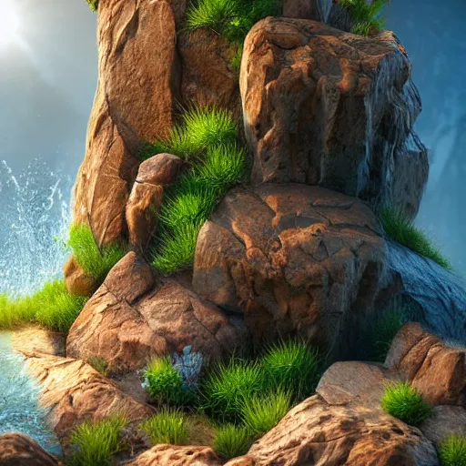 Image similar to a closeup photorealistic photograph of a rock tower with water drops, fantastic four theme.. bright scene. fine detail. this 4 k hd image is trending on artstation, featured on behance, well - rendered, extra crisp, features intricate detail, epic composition and the style of unreal engine.