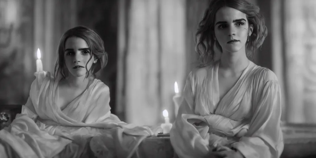 Prompt: portrait closeup portrait closeup portrait closeup portrait closeup Emma Watson long hair flowing silk robes baroque room candles mirrors cinematic lighting cinematic lighting cinematic lighting stanley kubrick barry lyndon 4k canon 5d mk4 colour