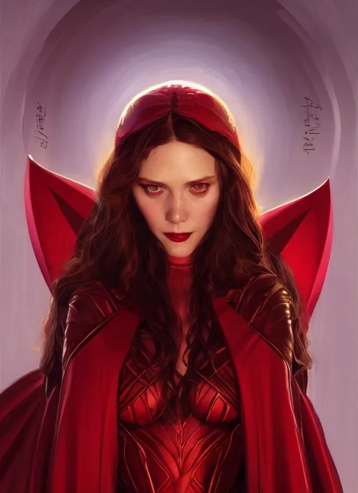 Image similar to Scarlet Witch as Lucifer morningstar, slight smile, highly detailed, digital painting, artstation, concept art, sharp focus, illustration, art by wlop and J. C. Leyendecker and Edmund Bliar Leighton and Charlie Bowater