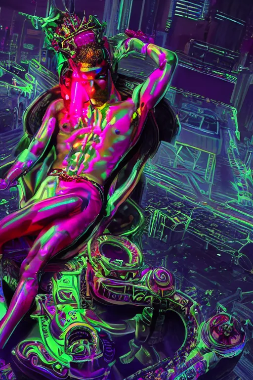 Prompt: full-body rococo and cyberpunk style neon statue of a muscular attractive Spanish papi sim roupa macho dotado e rico android sim roupa reclining con las piernas abiertas e la piroca dura e afuera, glowing red laser eyes, prince crown of red gears, diamonds, swirling black-colored silk fabric. futuristic elements. full-length view. aggressive space robots. giant balloon animals. human skulls. intricate artwork by caravaggio. Trending on artstation, octane render, cinematic lighting from the right, hyper realism, octane render, 8k, depth of field, 3D