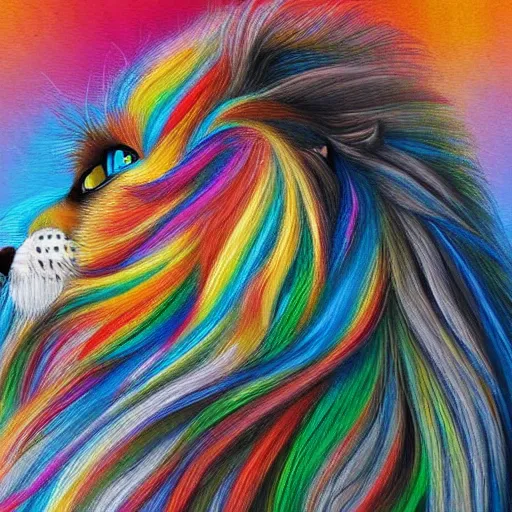 Prompt: side profile view of long haired persian cat with long colorful fur blowing in the wind on tropical island background detailed painting 4 k