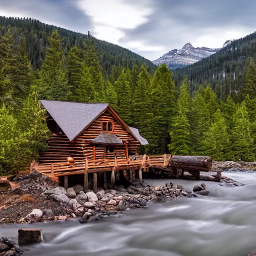 Prompt: DSLR still of a beautiful mountainside river with a pier and a log cabin at midnight, 4k