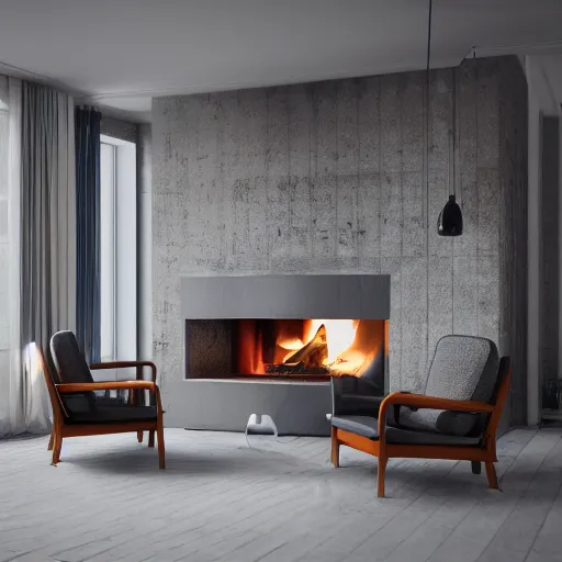 Image similar to two armchairs sitting in front of a cosy fireplace, modern home design interior, octane render, hyperrealistic, concrete archetecture, vray, volumetric lighting, cinema 4 d, unreal engine