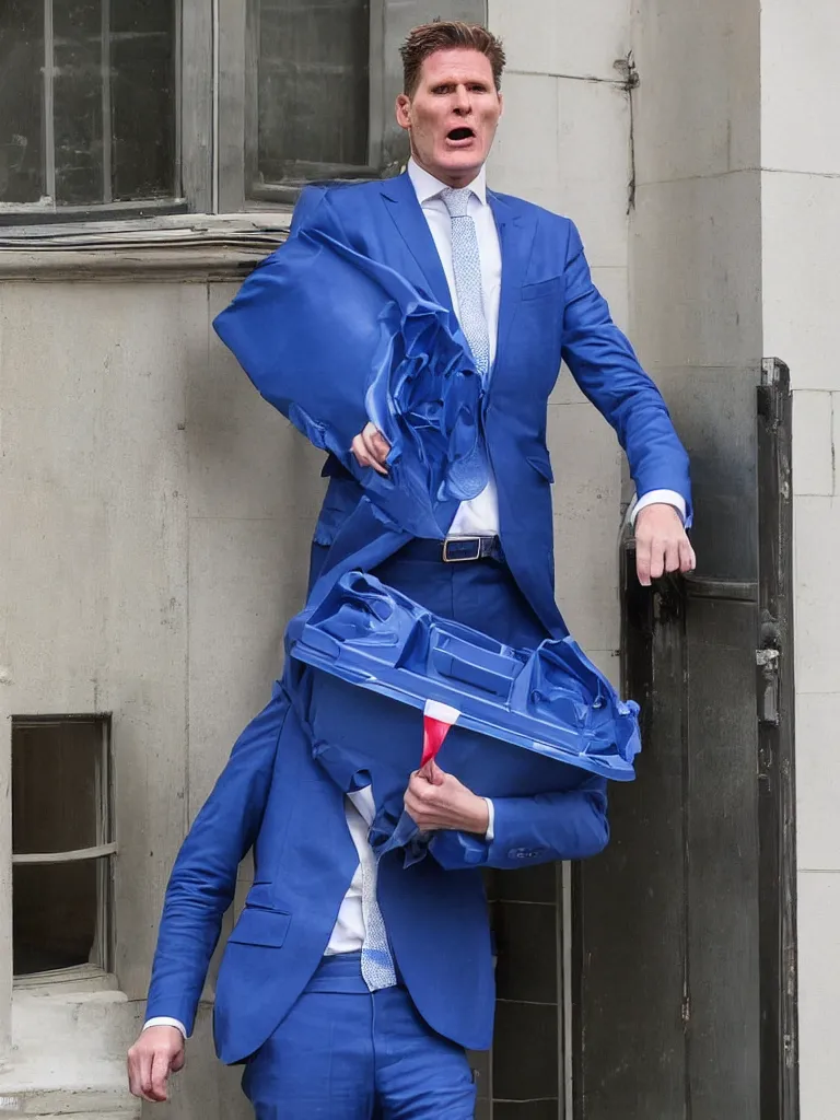 Image similar to Sir Kier Starmer wearing a blue suit angry as he throws a bin through a window