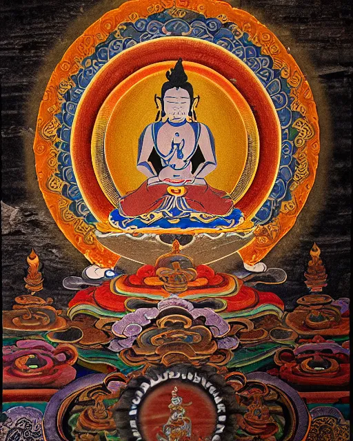 Image similar to a Thangka mandala painting and Tibetan calligraphy on Dark paper, old grunge and rotten paper, antique burnt edges, Tarot card, Tibetan text script, Tibetan manuscript, ultra realistic, sharp focus, symmetric, 8k high definition, insanely detailed, intricate, elegant, Hajime Sorayama, Octane render, unreal engine,