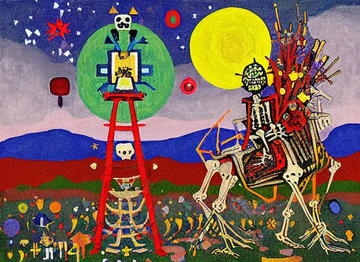 Image similar to pixel decollage painting tarot lovers card composition tower of babel road red armor maggot bear and wonky alien frog skeleton knight on a horse in a dark red cloudy night sky with golden foil jewish stars and diamonds, mountain lake and blossoming field in background, painted by mark rothko, helen frankenthaler, danny fox and hilma af klint, pixelated, naive