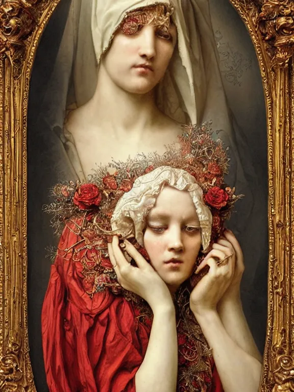 Prompt: a beautiful render of a baroque catholic veiled red queen with symmetry intricate detailed heart sculpture,pieta.by Lawrence Alma-Tadema, peter gric,aaron horkey,Billelis,trending on pinterest,hyperreal,jewelry,gold,intricate,maximalist,glittering,golden ratio,cinematic lighting