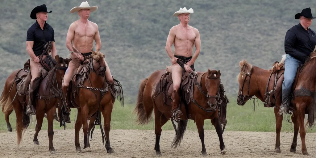 Prompt: shirtless trump and shirtless putin riding on horseback and holding hands
