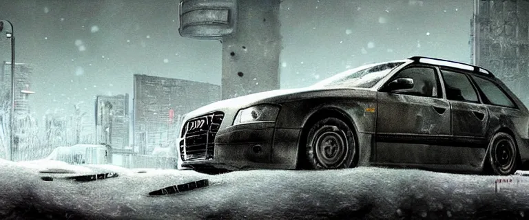 Prompt: Audi A4 B6 Avant (2002), a gritty neo-noir, dramatic lighting, cinematic, eerie person, death, homicide, homicide in the snow, viscera splattered, gunshots, bullet holes, establishing shot, extremely high detail, photorealistic, arson, cinematic lighting, artstation, by simon stalenhag, Max Payne (PC) (2001) winter New York at night, In the style of Max Payne 1 graphic novel, flashing lights, Poets of the Fall - Late Goodbye