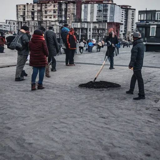 Image similar to moonwalker photo, lunar soil, people on the city street, a detailed photo of a future norilsk base, moon landscape, streetphoto