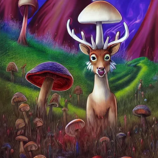 Image similar to anime 4 k headshot portrait of a psychedelic demonic anthropomorphic deer with mushroom themed clothes, magic mushroom village in background by jeff easley, award winning, stylized neon, post - processing, masterpiece, superb resolution. in the art style of junji ito and greg rutkowski. detailed mushroom city in background. hyper realistic anime. perfect art. dalle 2