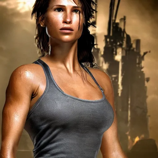 Prompt: A photograph of Lara Croft looking off camera in the style of Annie Leibovitz, high quality, studio quality, studio lighting