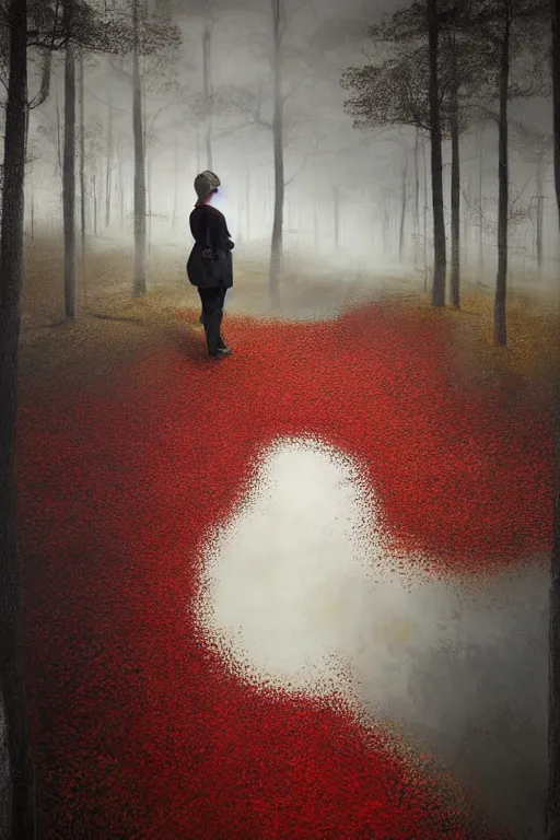 Image similar to immaculate painting of A Beautiful fine detailed gold and red and black Forest Illusion by erik johansson micro detailing
