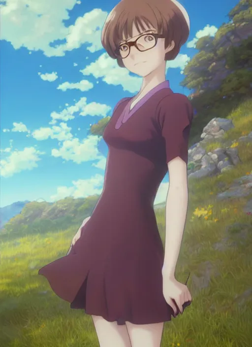 Image similar to Painting of grown-up Velma Dinkley in the style of Violet Evergarden, beautiful anime art style, winged eyelashes, countryside, calm, fantasy character portrait, dark outlines, dynamic pose, above view, sunny day, artwork by Makoto Shinkai, very coherent asymmetrical artwork, sharp edges, perfect face, simple form, 100mm