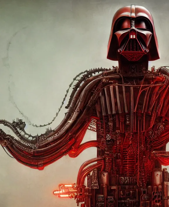 Image similar to a red steampunk darth vader with mechanical tendrils resembling spinal columns extending from his body, by HR Giger and Beksiński and Stephan Martiniere , 4k resolution, detailed, trending on artstation