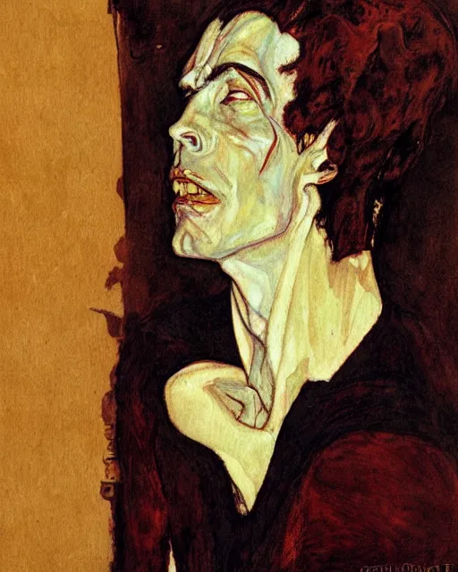 Image similar to portrait of mephisto by greg rutkowski in the style of egon schiele