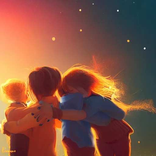 Image similar to a family hugging each other for the last time as the world is ending, meteors are falling from the sky, everything is on fire, dramatic lighting, digital art, very very very very very very beautiful, 8 k, dark lighting, trending on artstation, award winning