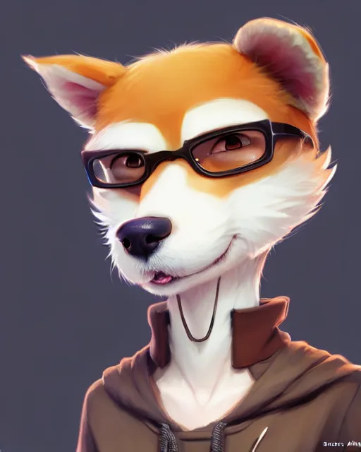 Image similar to character concept art of a cute young male anthropomorphic furry dog | | cute - fine - face, pretty face, key visual, realistic shaded perfect face, fine details by stanley artgerm lau, wlop, rossdraws, james jean, andrei riabovitchev, marc simonetti, and sakimichan, trending on artstation