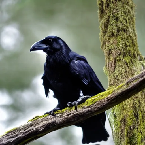 Image similar to A high quality photo of a raven perched on a tree, 4k, detailed, focus on a raven