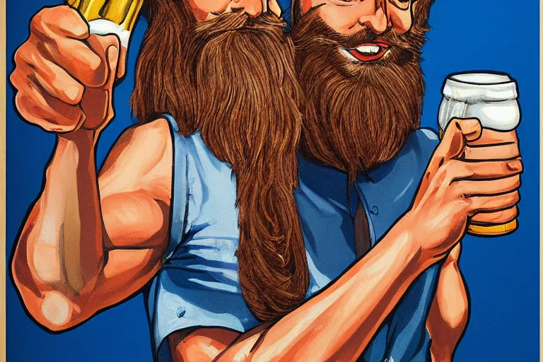 Image similar to a young man holding a beer giving a thumbs up with a long beard, 80s poster, detailed, uncropped, painted by Krenz Crushart