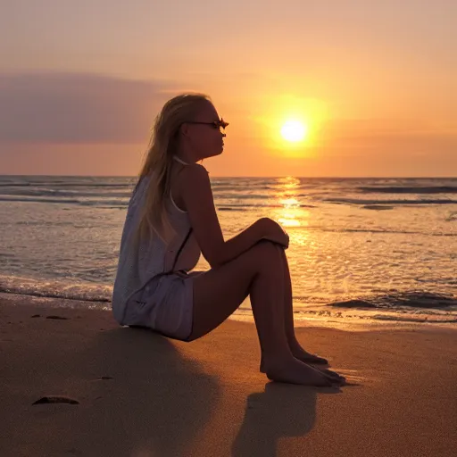 Prompt: a photo of a young woman sitting on the beach watching the sunset