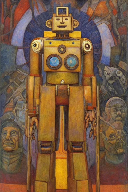 Image similar to the robot in his regalia, by Annie Swynnerton and Diego Rivera and Elihu Vedder, symbolist, dramatic lighting, elaborate geometric ornament, Art Brut, soft cool colors,smooth, sharp focus, extremely detailed, Adolf Wölfli