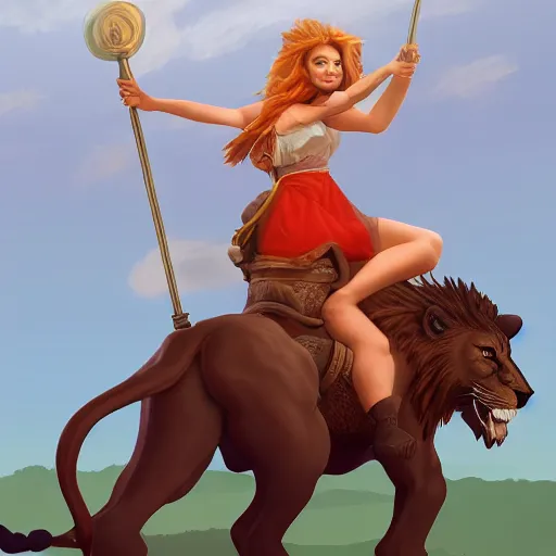 Image similar to a girl riding a lion, trending on artstation