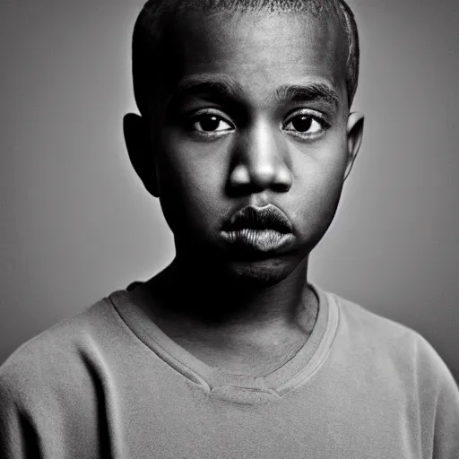 Prompt: the face of young kanye west wearing yeezy clothing at 1 1 years old, black and white portrait by julia cameron, chiaroscuro lighting, shallow depth of field, 8 0 mm, f 1. 8