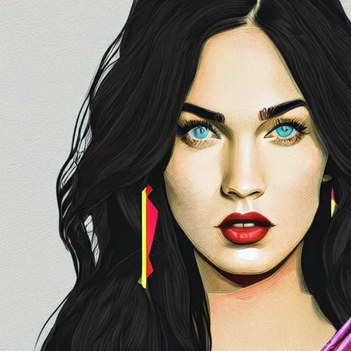 Prompt: megan fox colourful portrait by arunas kacinskas and mallory heyer, geometrical shapes and lines and small detailes, graphic design, sketch, minimalistic, procreate, digital illustration, vector illustration, doodle, applepencil, pop, graphic, street art