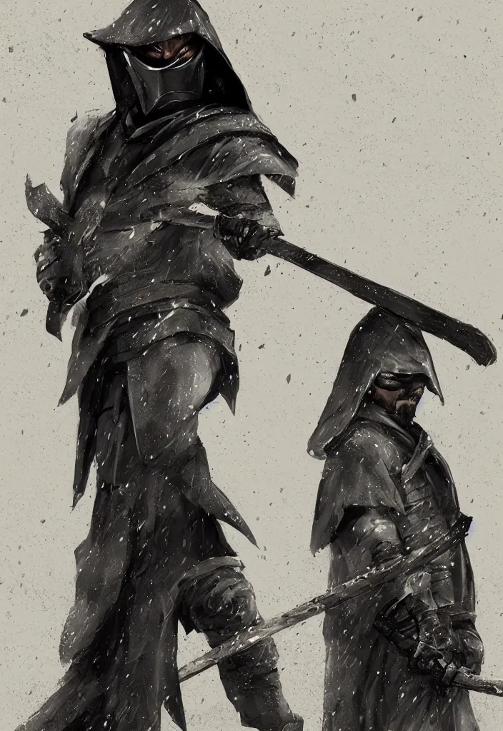 Prompt: a hooded samurai wearing a samurai mask holding his sword in a heroic pose standing in heavy rain magical conceptart, trending on artstation, deviantart.