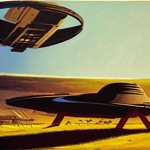 Prompt: painting of a spaceship concept in a farm by syd mead